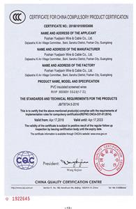CCC Certificate of PVC insulated screened wires RVVP